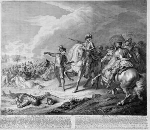 This image shows mounted troops at the Battle of Nasby but also a dead soldier in armour - many men died. 